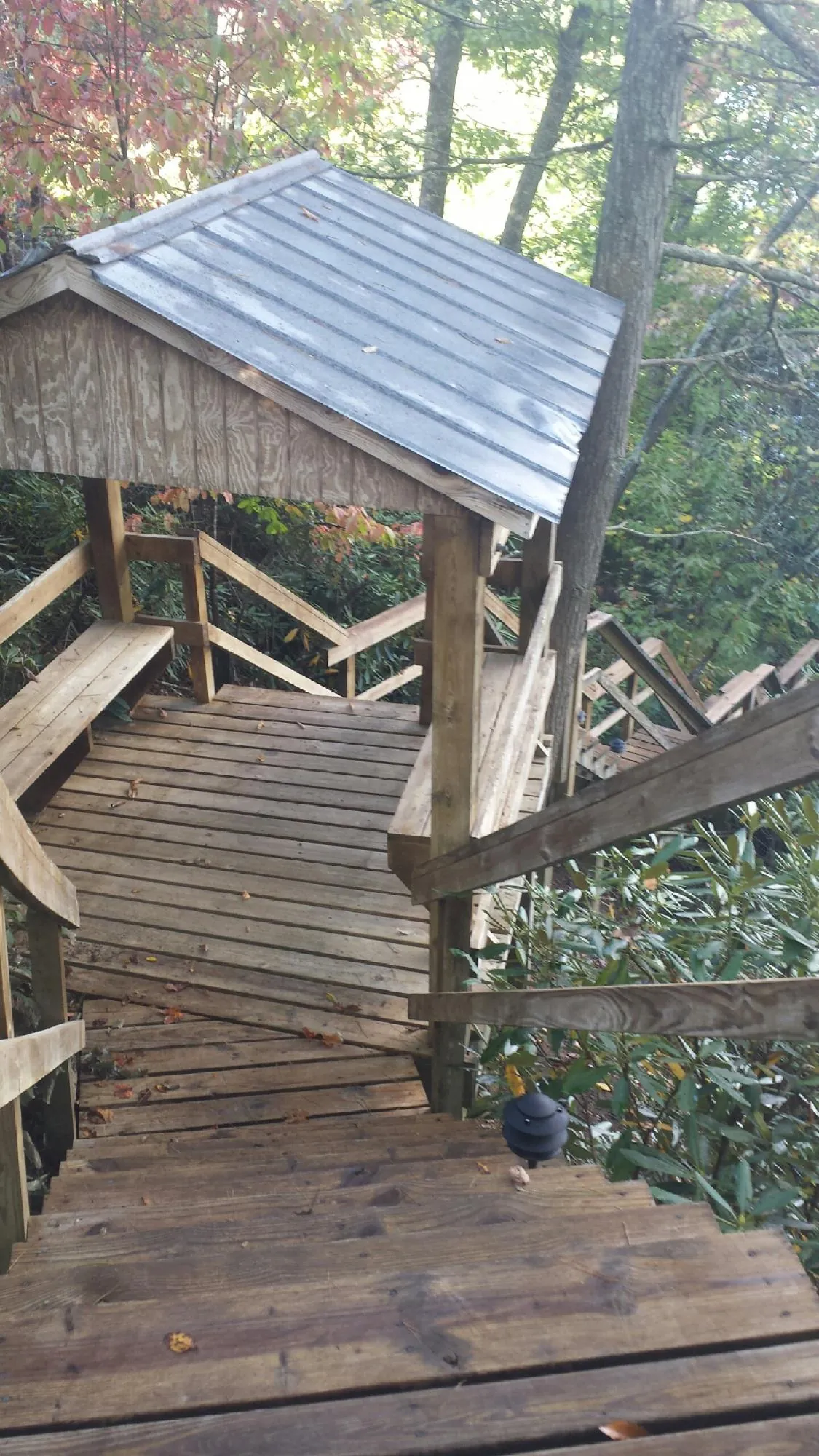 Metal roofed shelter over wooden steps on a wooded walkway — Skylight Repair & Installation work by our crew in Romeo